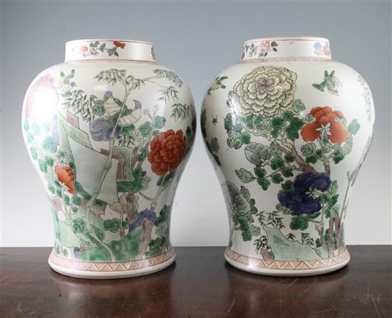 Pair of large Chinese famille verte baluster vases, 20th century, one base cracked(-)